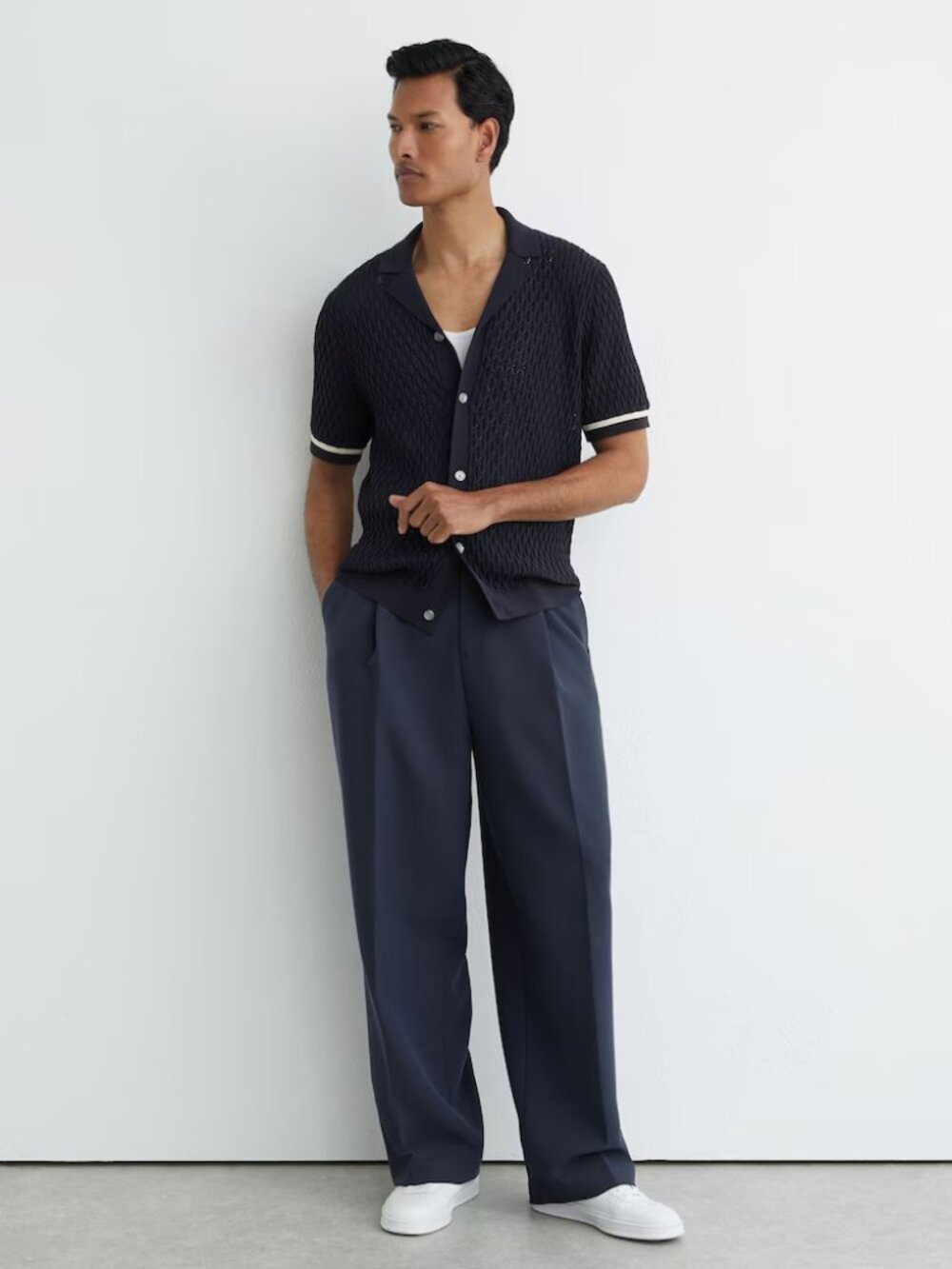 Reiss - Bilsby Cotton-Blend Geometric-Knit Tipped Shirt in Navy - XL